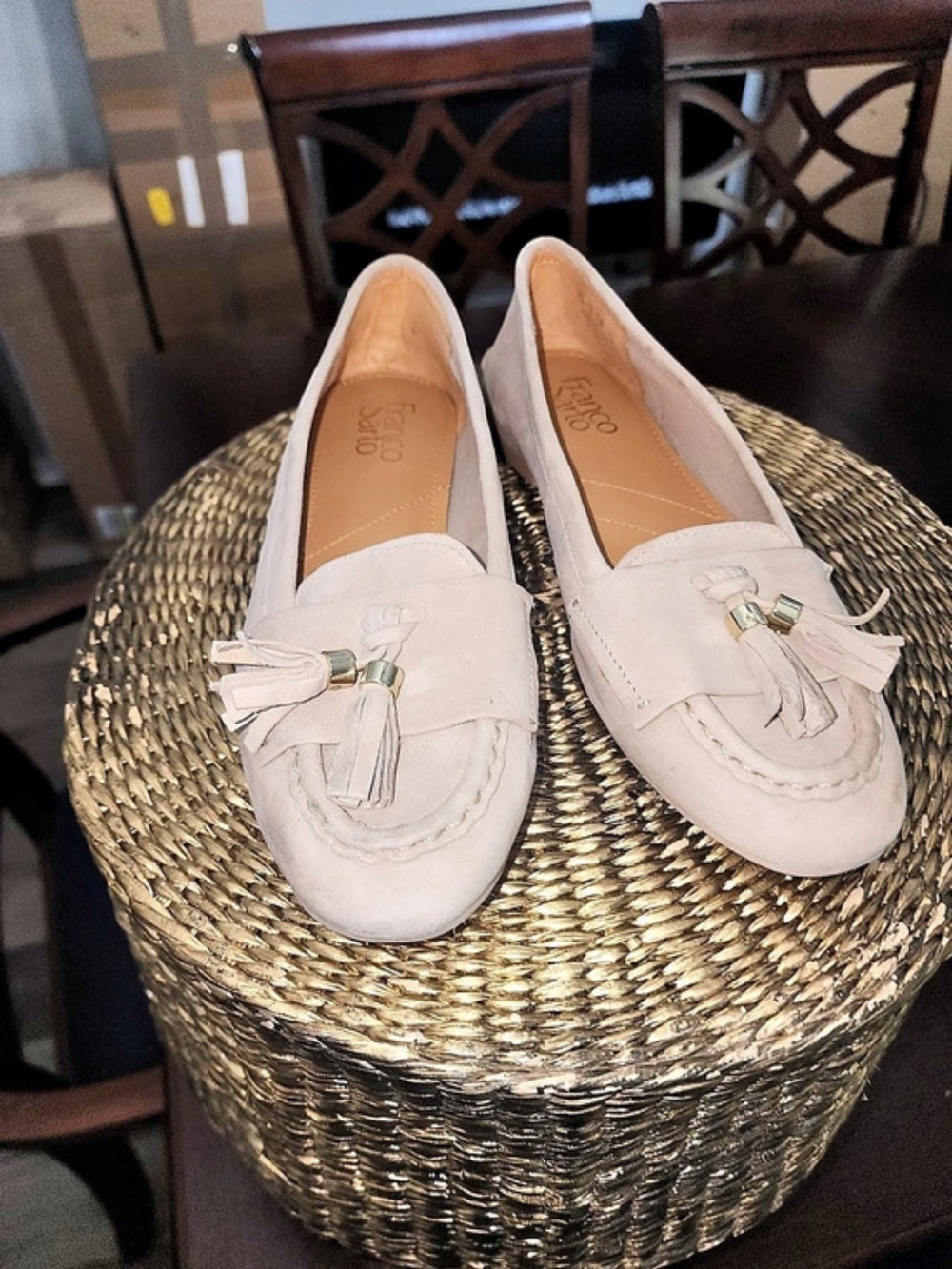 Stylish Chic Sarto Suede Tassel Loafers in Beige